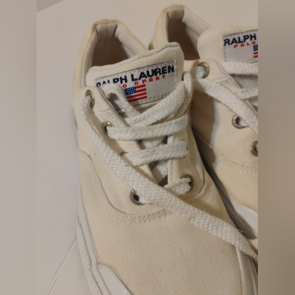 Polo Sport Ralph Lauren Canvas Shoes Size 7 1/2 Cream Spellout Deck Shoes - Picture 12 of 16